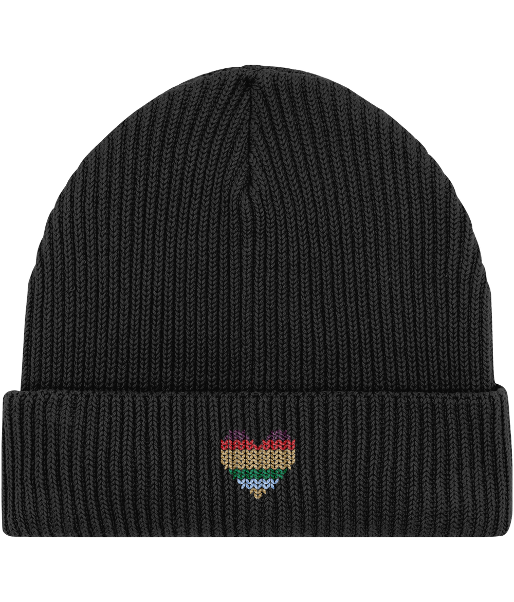 MADE WITH LOVE EMBROIDERED RAINBOW HEART FISHERMAN BEANIE