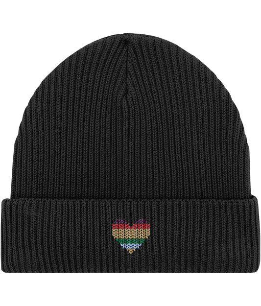 MADE WITH LOVE EMBROIDERED RAINBOW HEART FISHERMAN BEANIE