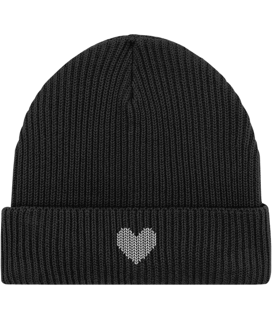 MADE WITH LOVE Embroidered White Heart FISHERMAN BEANIE